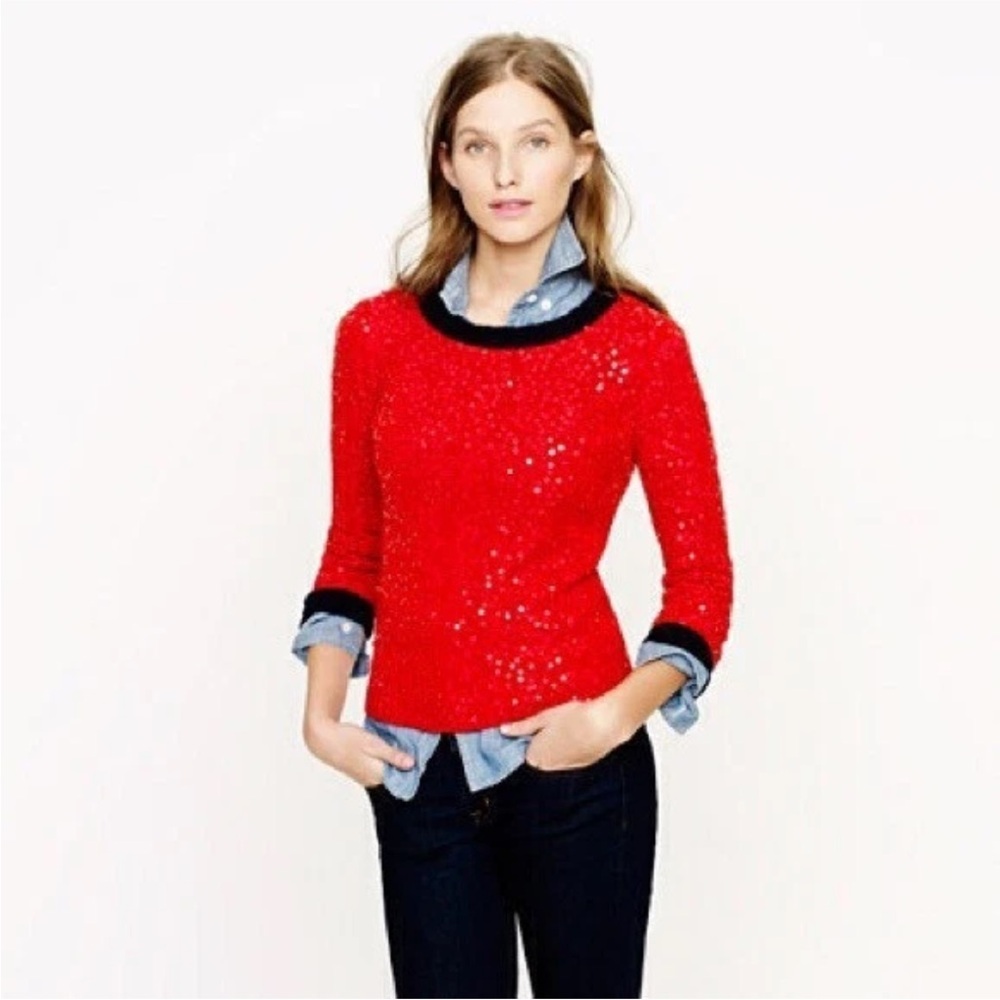 J. Crew Red & Navy Sequin Wool Mohair Blend Crewneck Sweater Small